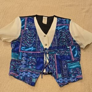Ship 'N Shore Vintage Blue and Cream Blouse